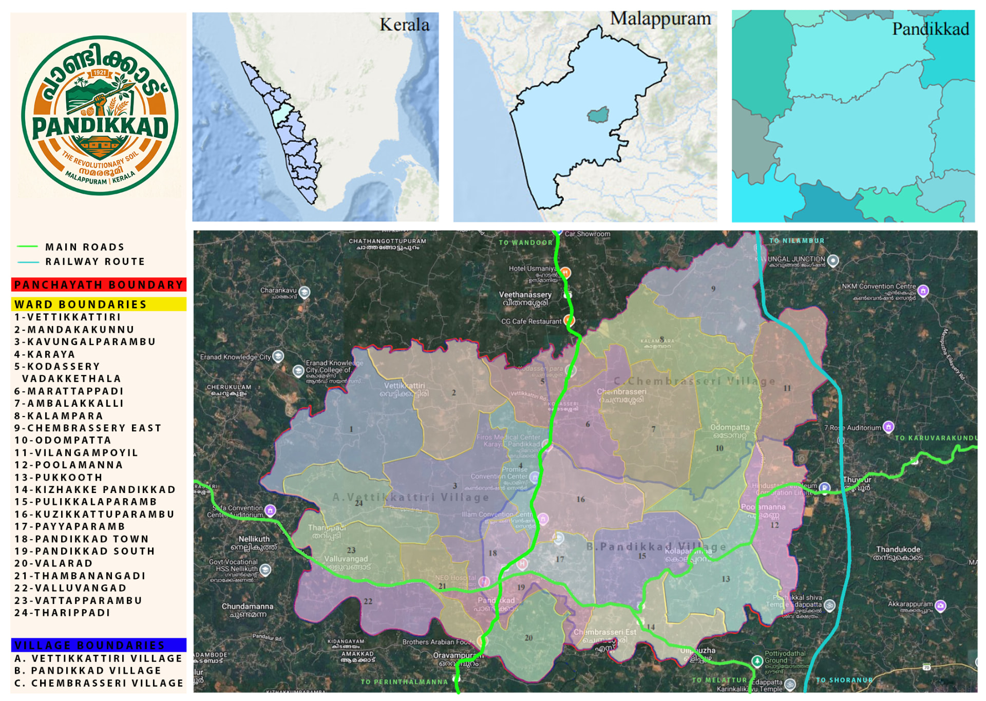 Map of Pandikkad Grama Panchayat showing 24 ward boundaries, three revenue villages, main roads and the railway route